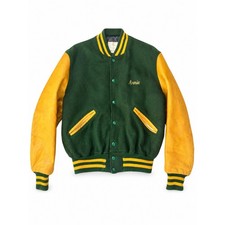 Vintage DeLong Varsity Letterman Jacket Mens 44 Wool Leather USA Green Gold picture
