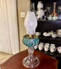 Antique 1890s Torch Wreath Oil Lamp Dalzell Gilmore Leighton Eagle Burner Teal picture