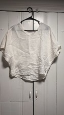 Sigrid Olsen Women White Solid Linen Woven Round Neck Short Sleeve Top M picture