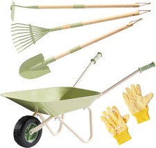 ROBUD Kids Wheelbarrow Set, Green Metal Toddler Wheelbarrow with Shovel, Hoe,... picture