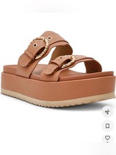 DV by Dolce Vita Cognac Double-Strap Slide Sandals with Gold Buckles picture