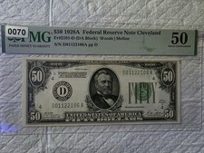 1928 SERIES A $50 FIFTY DOLLAR BANKNOTE, VERY NICE, AU, PMG 50, CLEVELAND-ISSUED picture