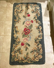 Vintage 1940s-50s Hooked Wool Rug Set 16ft Runner 9ft Round 2 Ovals Floral picture