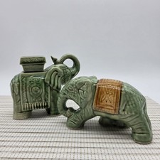 Vintage Celadon Green Ceramic Elephant Figurines Pair - Unmarked Glazed Pottery picture