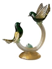 Vintage Barbini Murano Glass Two Green Birds On Branch Figurine W Gold Flecks picture