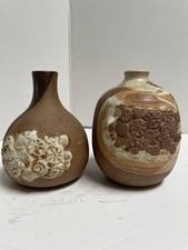 Vintage Takahashi Japan Stoneware Bud Vase Pair MCM Fish Seashell Mingei Pottery picture