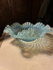 Vtg Fenton Hobnail Design Blue/Aqua Opalescent LG Glass Bowl Ruffled Edges 10”D picture
