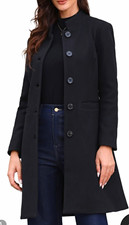 Allegra K Women's Black Stand Collar Button Front Mid-Length Overcoat M picture