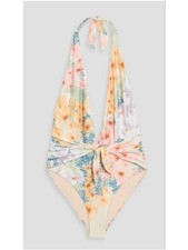 AGUA BY AGUA BENDITA L Marigold Blue Floral Halter One Piece Swimsuit XL picture