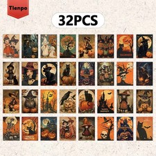 32 Halloween Postcard Lot Witch Girl Cat Crow Skeleton Retro Bat Spooky Pumpkin picture