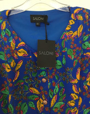 NWT Saloni Lea Long Dress Azure Berry Leaf Blue Silk SS Button Front w Tie Sz 12 picture