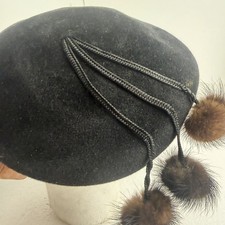Vintage Ruth Kropveld Chapeau Creations Black Fur Felt Beret Hat Fur Pom Poms picture