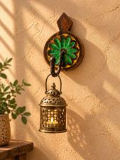 Indian Wooden Wall Hook Hand Painted Floral Green Yellow Rustic Boho Coat Hanger picture