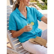 FLAX 100% Linen Short Sleeve Button Down Shirt Turquoise Size S picture