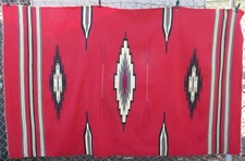 Vintage Hand Woven Large Chimayo Wool Blanket in Red, White & Black 86