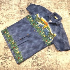 Vtg Hawaii Station Men S Blue Island Sailboat Graphic Hawaiian Shirt Tropical picture