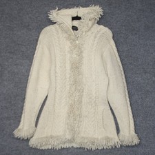 Vintage Sisandina Wool Hooded Cardigan Sweater Womens S Cream Shaggy Fringe Zip picture