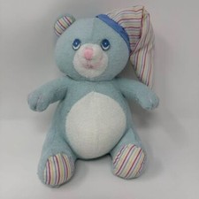 Russ Berrie Vintage Light Blue Teddy Bear Plush Rattle Hat Bittles Terry Cloth picture