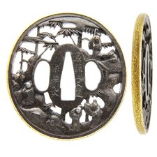 Tsuba Signed Soten Seven Sages Japanese Antique Sword Fitting Samurai Katana picture