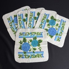 NOS Vintage Blue Hydrangea Floral Washcloth Set of 5 White Cotton Blend USA Made picture