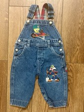 Vintage 90s ACME Baby Looney Tunes Denim Overalls 12M Tweety Sylvester Plaid picture