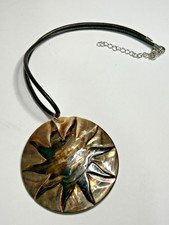 Vintage Carved Shell Sunburst Pendant Cord Necklace Artisan Boho Statement Gem picture