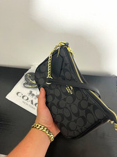 Coach Signature Black/Gray Zip Crossbody Bag w/ Detachable Strap Gold Hardware picture
