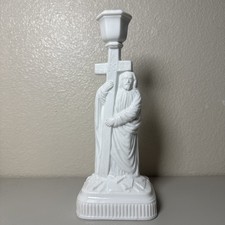 Rare Antique EAPG Challinor, Taylor Milk Glass Jesus at Calvary 10.5 Candlestick picture