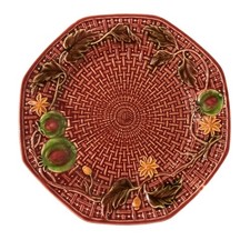Vintage Majolica Basket Weave Burgundy Pinkish Red Plate With Fruit And Leaves picture