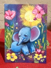 ACEO Baby Elephant Contemporary Oil Painting signed on Art Paper 3.5x2.5 OOAK picture