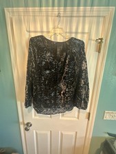 NYDJ Women's Peasant Blouse Size 0X Black Metallic Medallion Print Long Sleeve picture