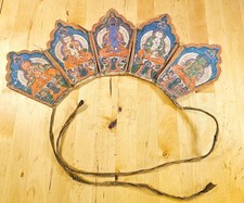 15th/16th cent Tibetan Buddhist Five Leaf Ritual Crown Leather Antique picture