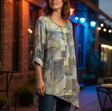 Chico's Asymmetrical Hem Popover Top Size XL / 3 Semi Sheer Roll Tab Sleeves picture