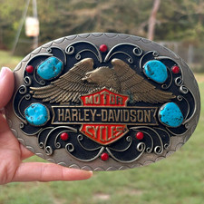 Harley-Davidson Motor Style Eagle Oval Belt Buckle w/ Turquoise-Color Stones picture