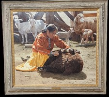 MONUMENTAL LARGE RAY SWANSON ORIGINAL PAINTING SHEARING THE SACRED DARK WOOL picture