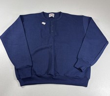 NEW VTG 90s USA Made Healthknit Pro Weight Blue Henley Neck Pullover Sweatshirt picture