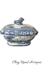 Antique c1830 Staffordshire Blue White Transferware sauce Tureen Lion Finial picture