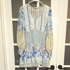 LoveShackFancy Silk Dress Blue/White Floral Ruffle V-Neck Long Sleeve S picture