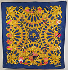 HERMÈS SILK SCARF - BRITISH HERALDRY Navy Blue Gold Carré 90 (Flawed) by RYBAL picture