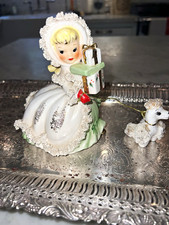 Rare Napco Japan Christmas shopping Girl Figurine w/ Dog Companion 2pc Set 1950s picture