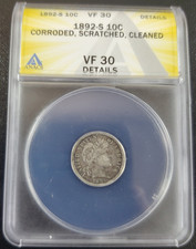1892-S Barber Dime 10c - ANACS VF 30 Details picture