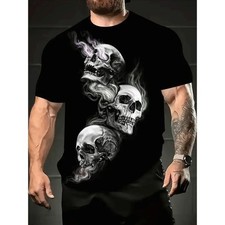 Skull Graphic Black Short Sleeve Crew Neck Tee Cool Skeleton  t-shirt S-5XL picture