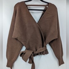 NWT LULU'S Sweater Womens XS Extra Small Brown Faux Wrap Belted Dolman picture