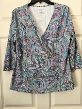 Talbots Womens 1 X Paisley Faux Wrap Top 3/4 Sleeve Blue Pink Blouse Colorful picture