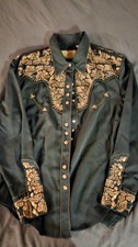 Scully Vintage Black Western Snap Shirt Bronze Floral Emboidered Womens L picture