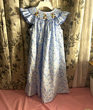 Mini Boden Girls 2T Blue/White Floral Smocked Embroidered Flutter Midi Dress picture