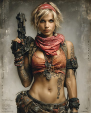 Short-Haired Blonde Gunslinger with a Pistol and a Red Scarf Print - 549789738 picture