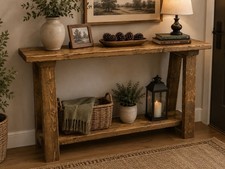 Farmhouse Table/Bench Custom Made Solid Wood Brown 48” Long, 11” Wide, 30” Tall picture