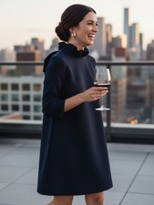 Tuckernuck Navy Daphne Mock Neck Long Sleeve Bow Formal Mini Dress Size L NEW picture