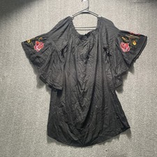 Feathers Womens Embroidered 2X Black Ruffle Sleeves Elastic Neckline Tunic Boho picture